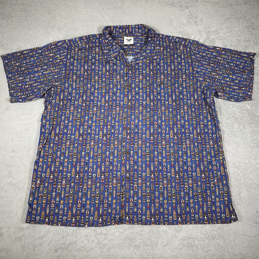 Yiume Hawaiian Shirt Mens 3XL Tiki Heads Buttons Up Blue All Over Print Pocket